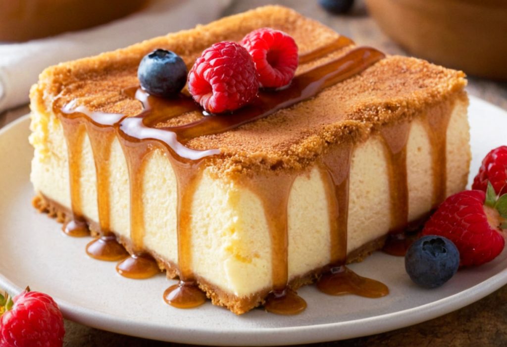 A decadent churro cheesecake topped with cinnamon-sugar mixture and drizzled with melted butter.