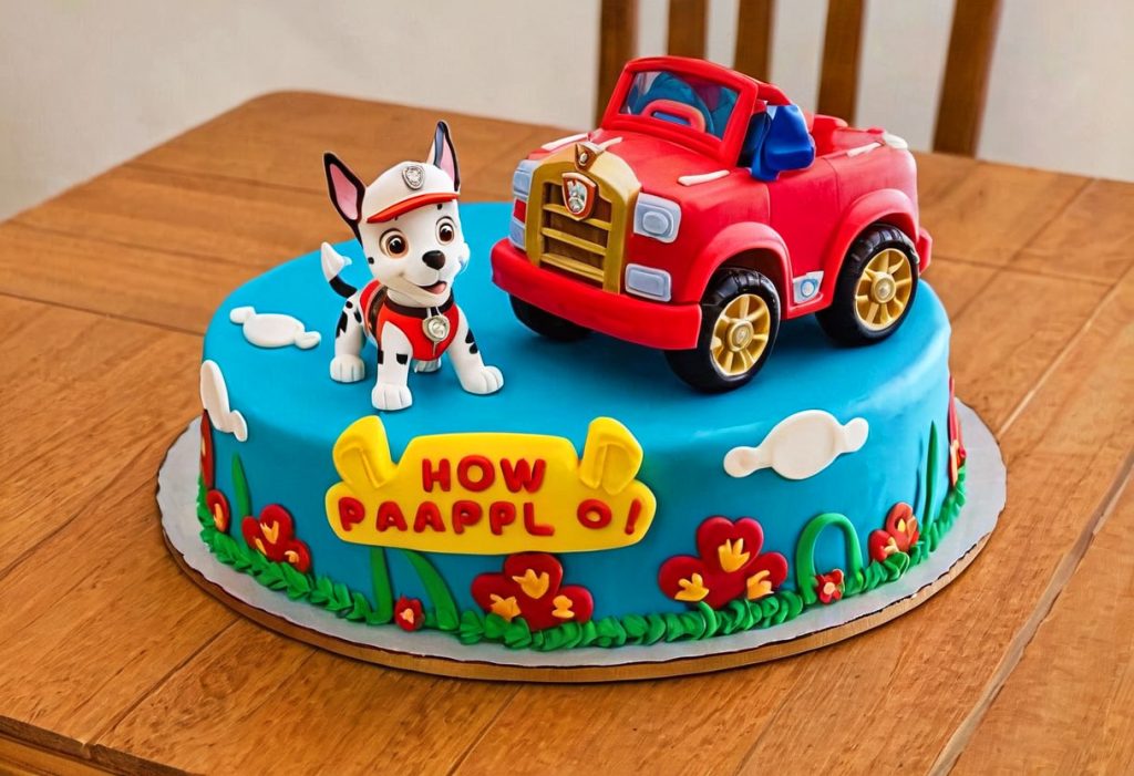 A colorful Paw Patrol cake featuring characters from the popular TV show, surrounded by vibrant decorations and icing.