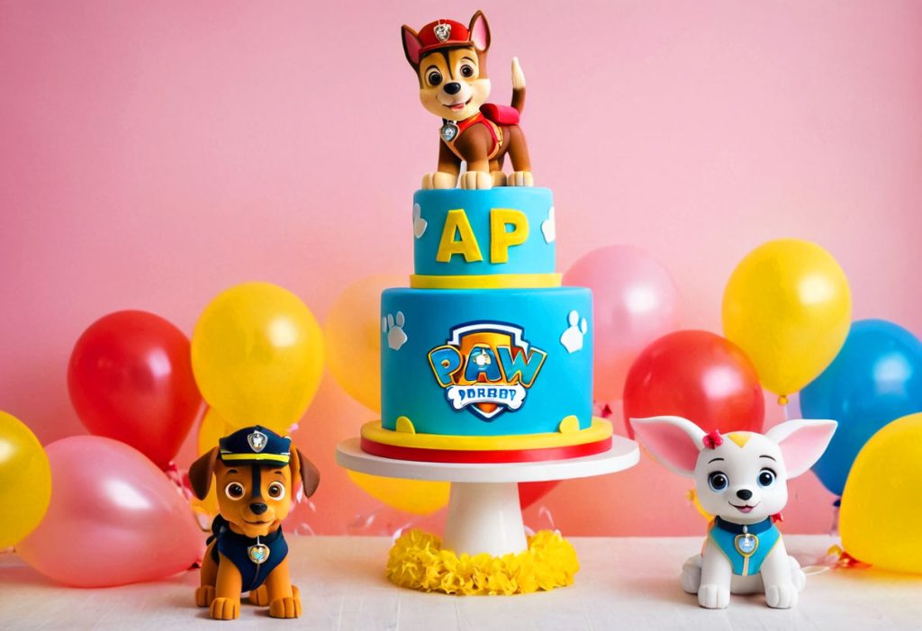 A beautifully decorated Paw Patrol-themed cake with fondant decorations, figurines, and colorful icing.