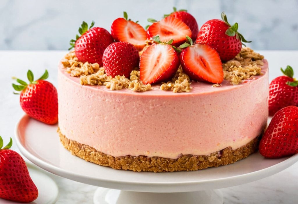 A close-up image of a sliced Strawberry Crunch Cheesecake with a golden Oreo cookie crust, creamy filling, and strawberry swirl topping.