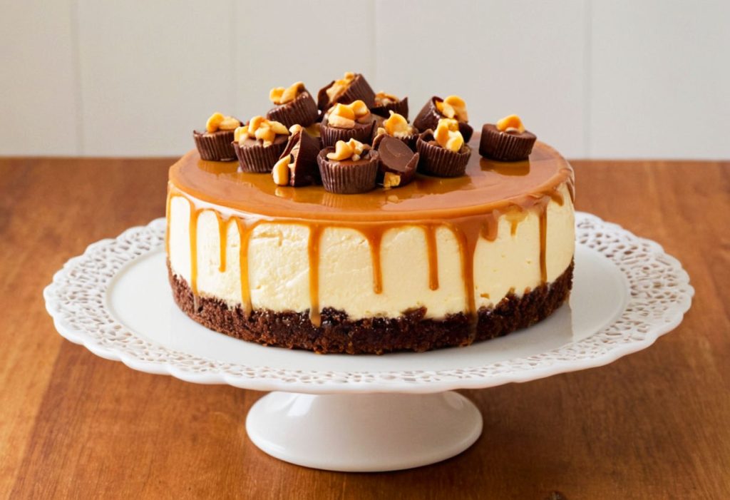 A decadent slice of Reese's Caramel Cheesecake topped with chocolate shavings and drizzled with caramel sauce.