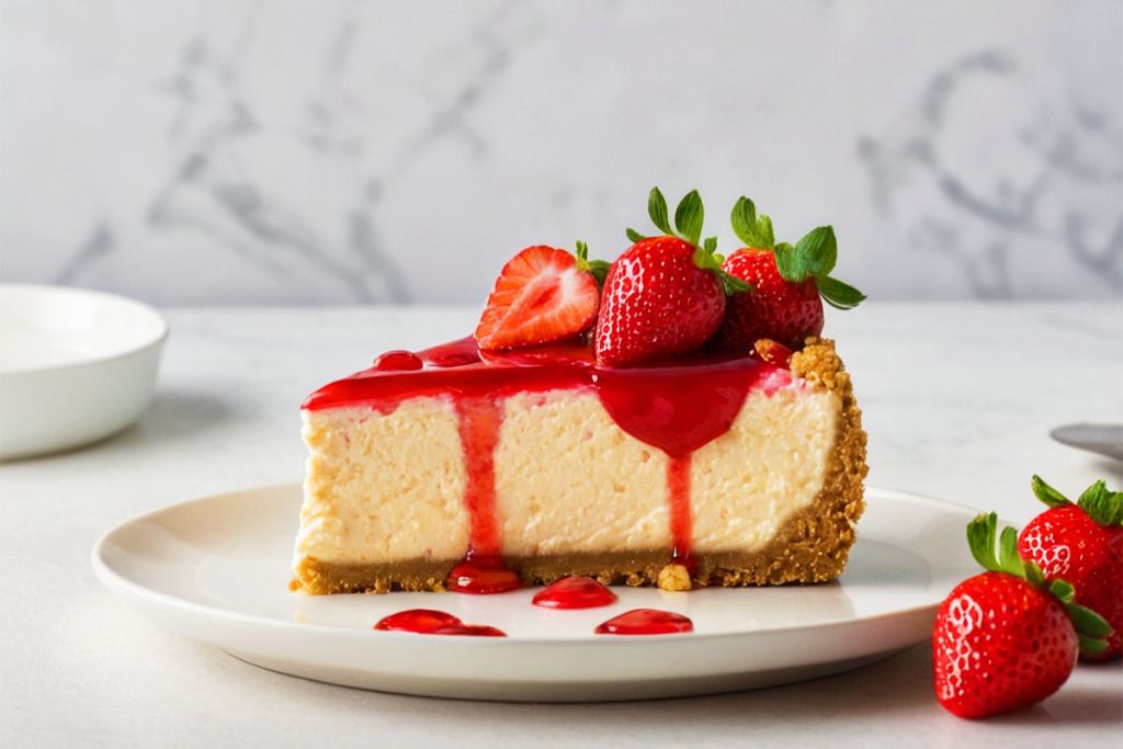 A decadent slice of Strawberry Crunch Cheesecake topped with fresh strawberries and a crunchy golden crumb.